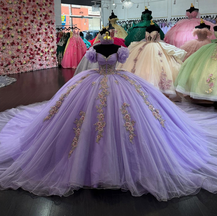 Off the Shoulder Lilac Quinceanera Dresses Beaded 3D Flowers Sweet 15 16 Gowns