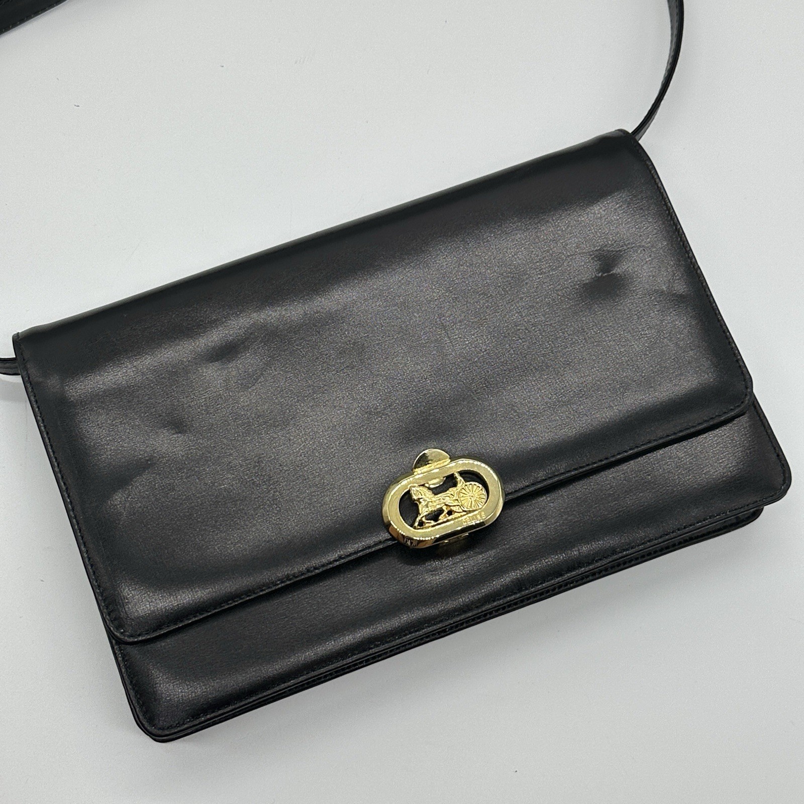 Celine Shoulder Bag Horse Carriage Vintage Black Gold Leather Purse Authentic!!