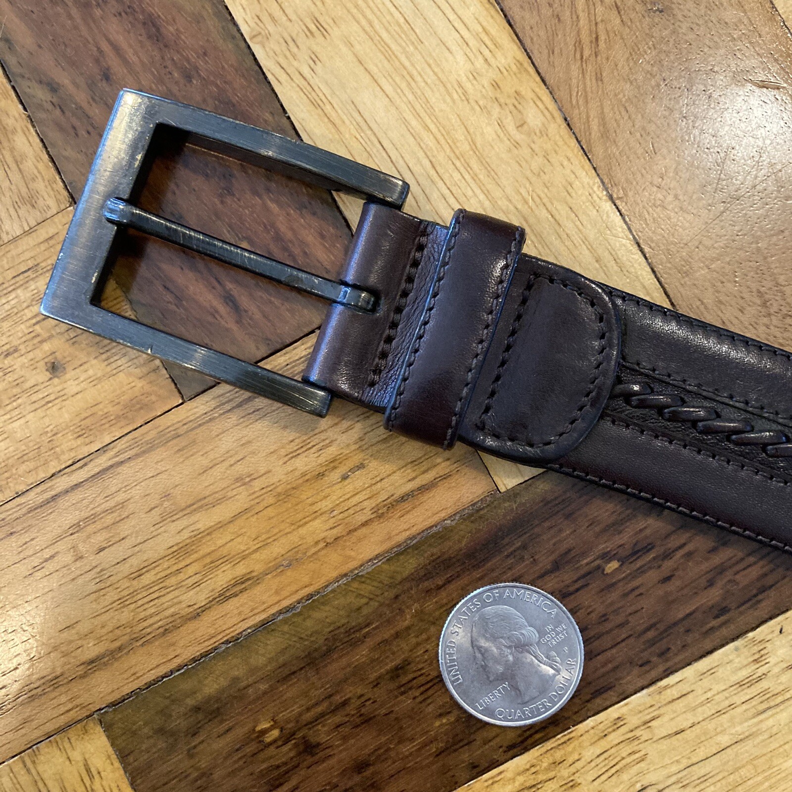 Mezlan Solid with Woven Inlay Brown Leather Mens Belt Size US 44 Made in Spain