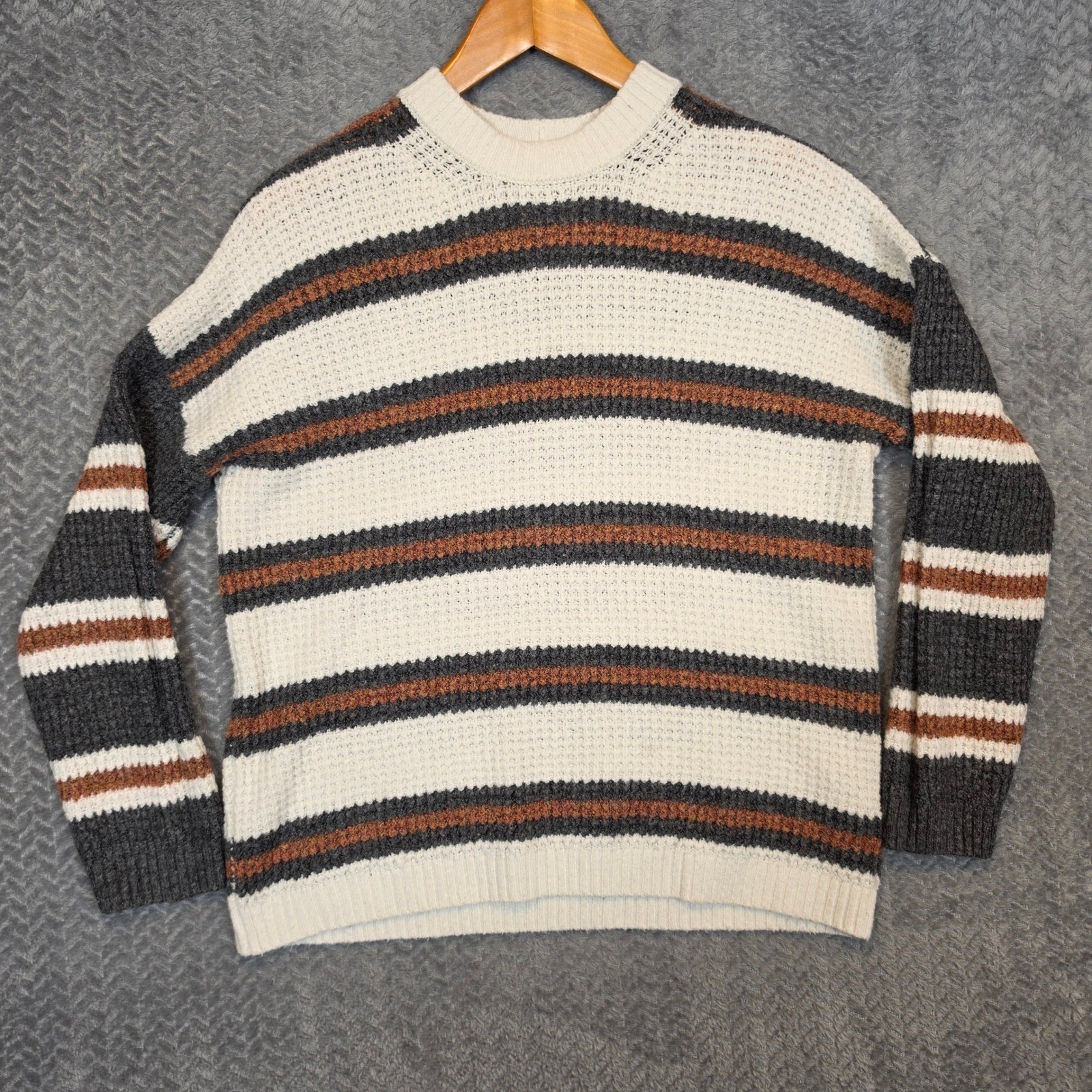 American Eagle Mens XS Striped Waffle Knit Crewneck Sweater Grey Orange Cream