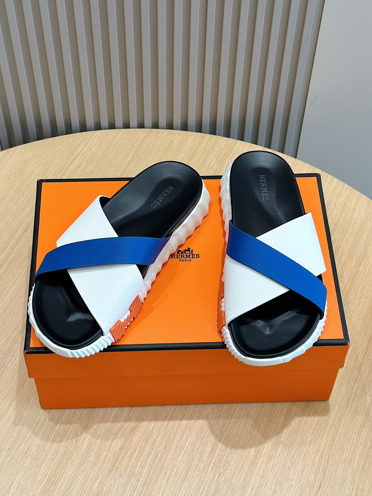 Hermès Eclair Platform Slides White & Blue Leather Cross Band Chunky Sole men Sa