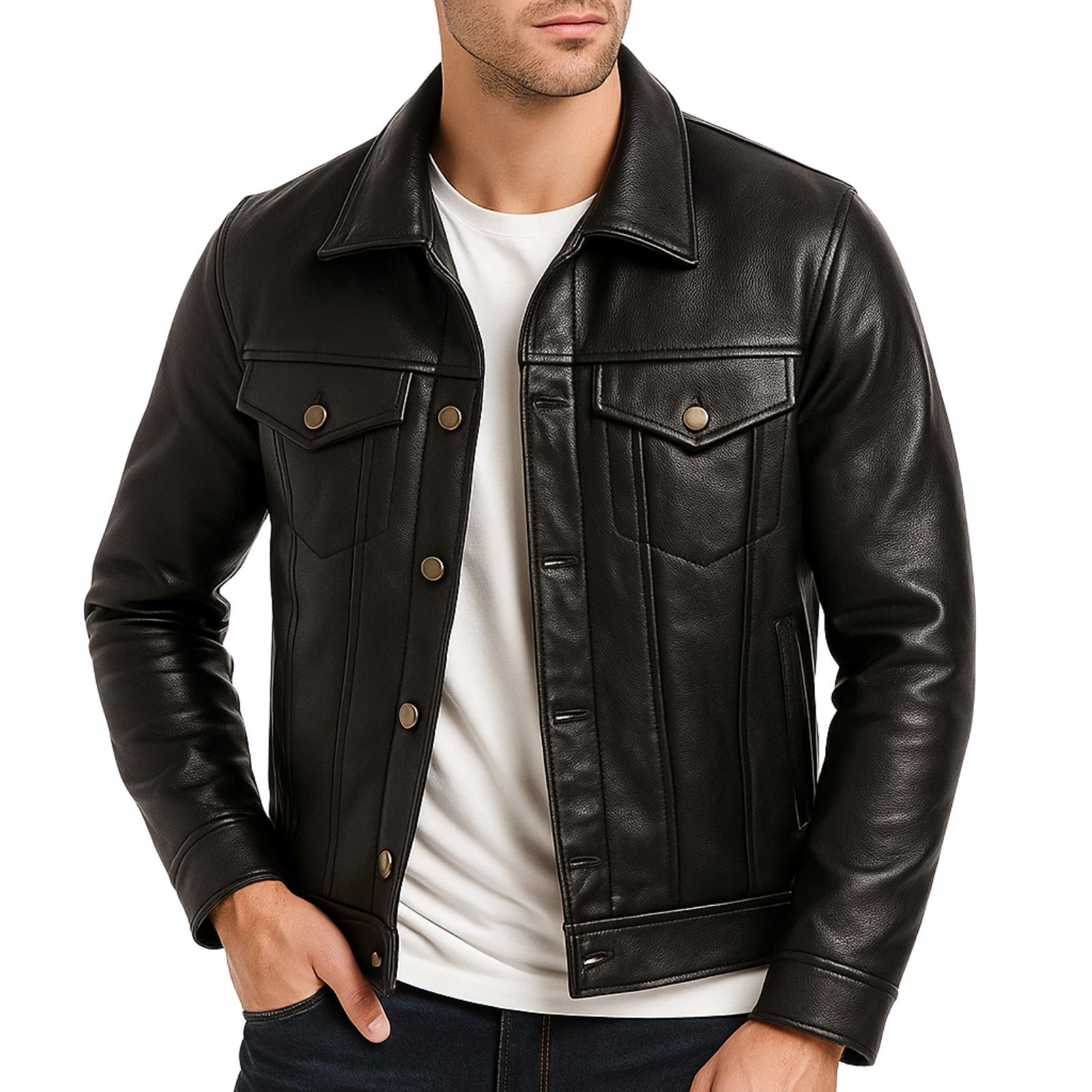 Men’s Genuine Leather Trucker Jacket Button-Up Classic Western Style Coat
