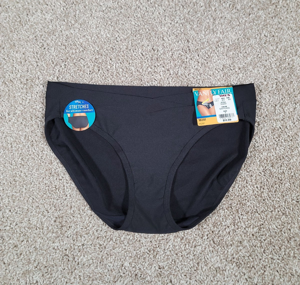 Vanity Fair Panties 18291 Beyond Comfort Bikini Black Size 7 Stretch Brief NWT