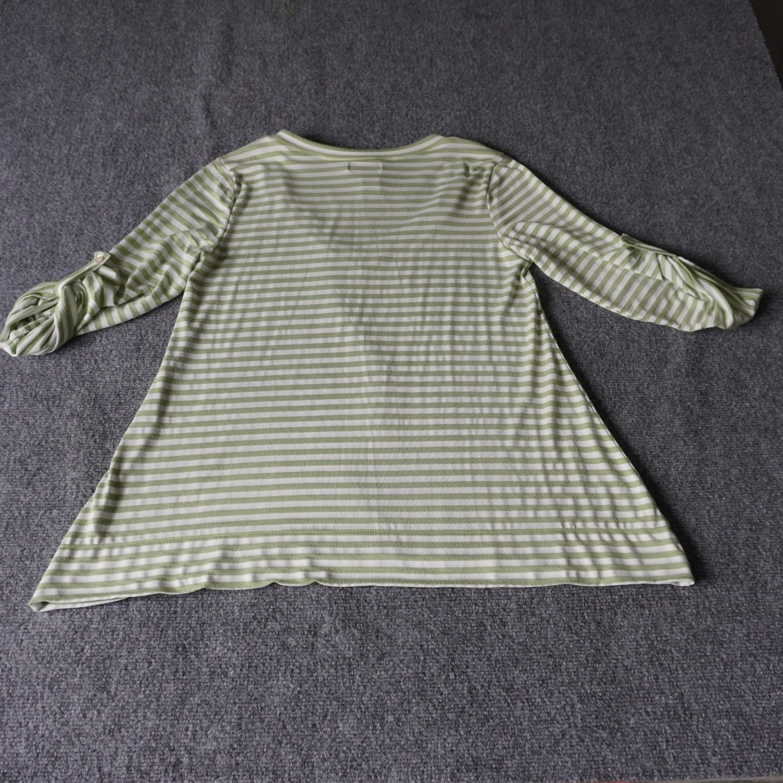 Max Edition Striped V Neck Tunic Top Womens Small Green White Ruched Sleeve