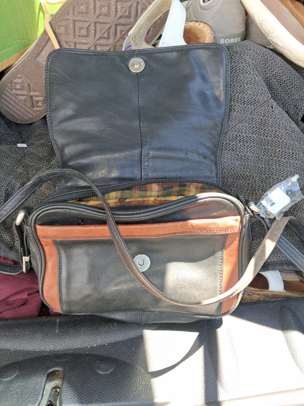 Enrico Italian Black/Brown Small Shoulder Bag Magnet Flap Plaid Lining