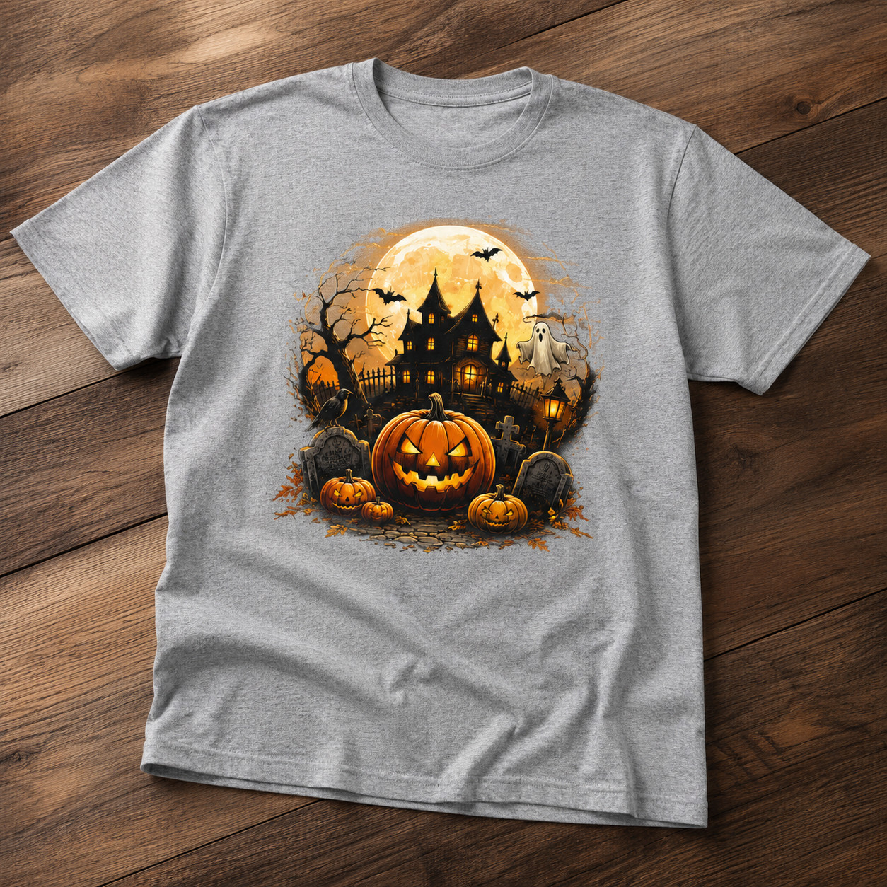 Gildan Spooky Haunted House Pumpkin Full Moon Graphic T-Shirt S-5XL