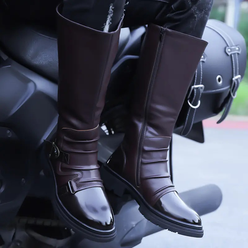 Mid Claf Boots Men’s Vintage Pleated Patent Leather Riding Motorcycle Punk Shoes