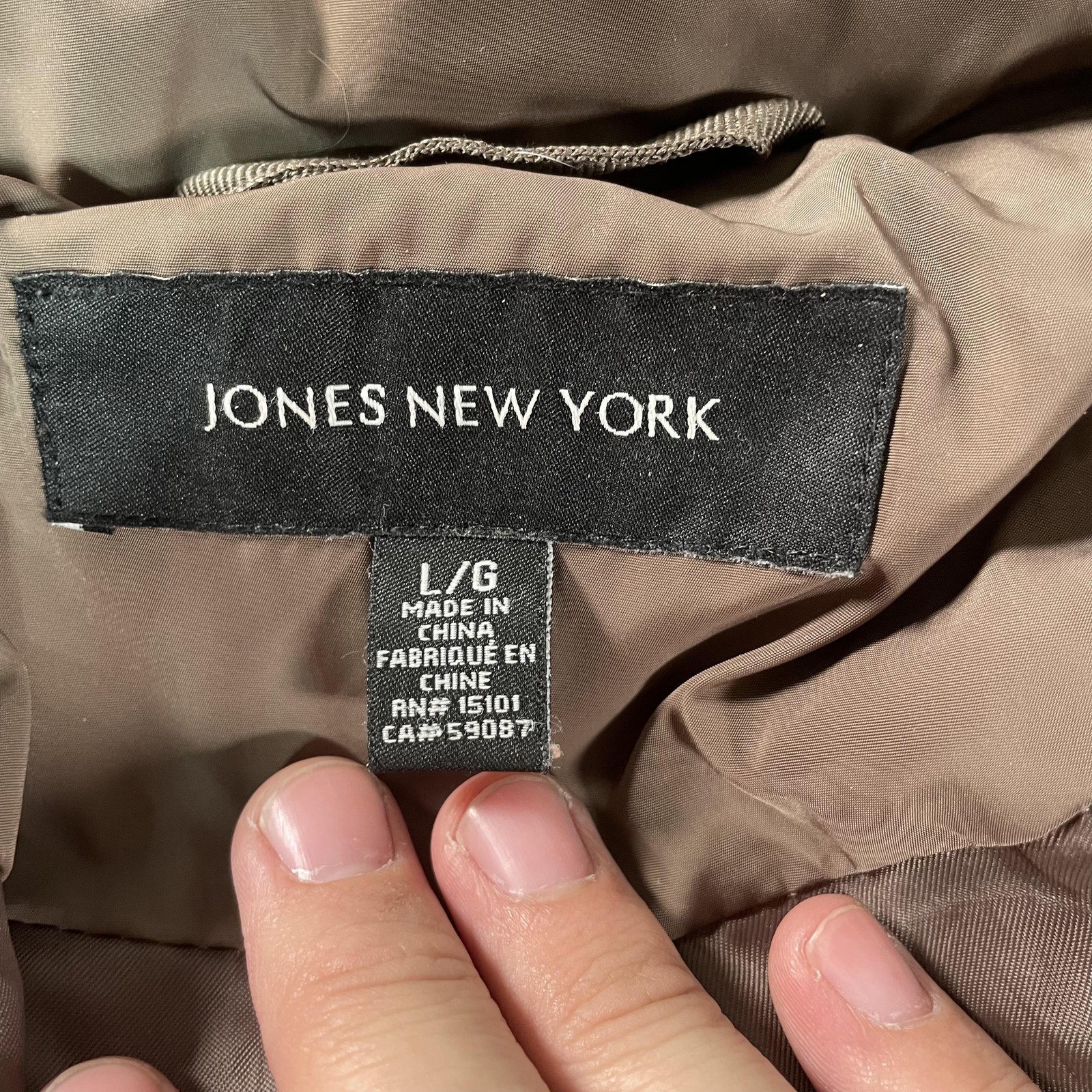 Jones New York Down Coat Womens Large Brown Puffer Hooded Fur Trim Long Parka