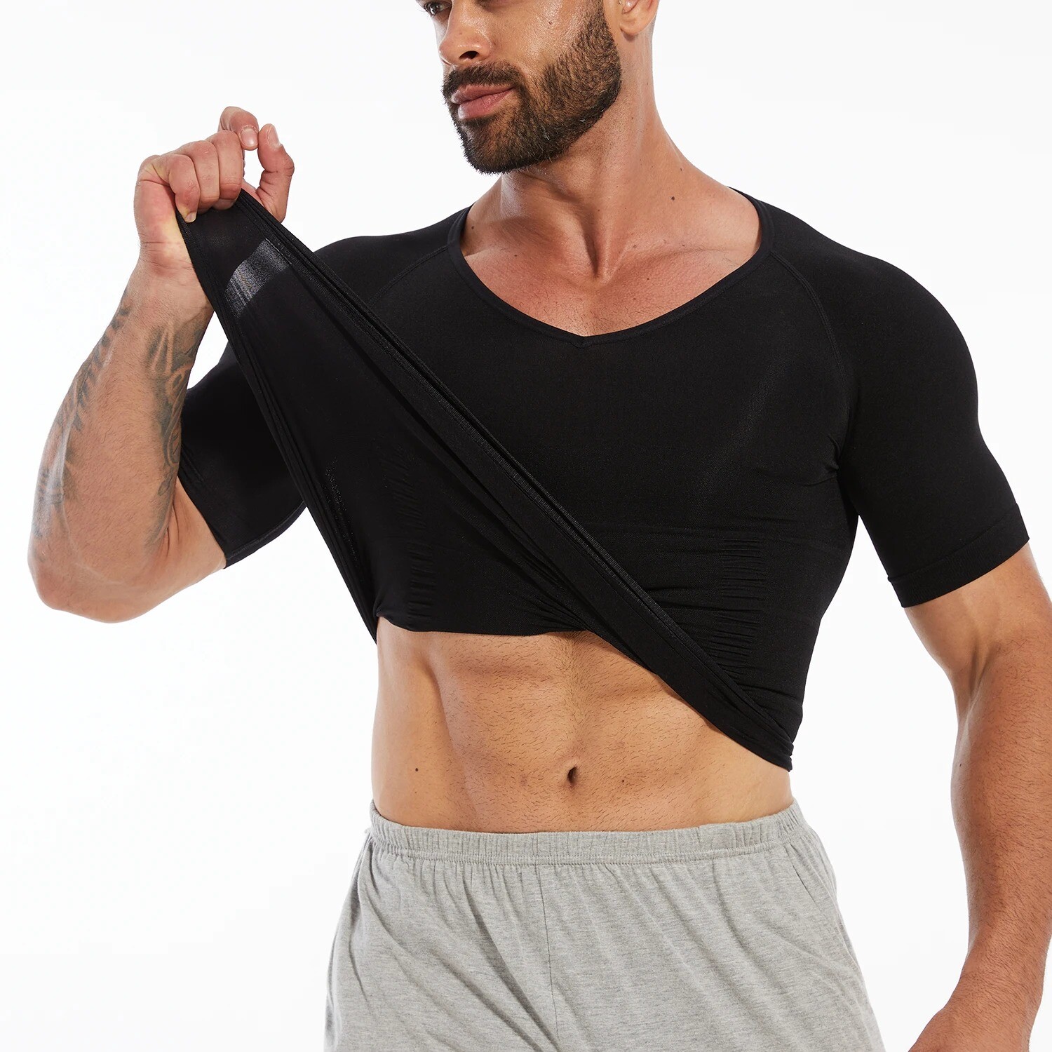 Mens V-Neck Slim Tummy Control Vest Shirt Tops Compression Body Shaper Shapewear