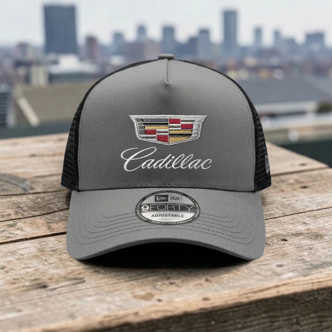 Cadillac Embroidered Logo Trucker Hat Gray Black Mesh Adjustable Cap