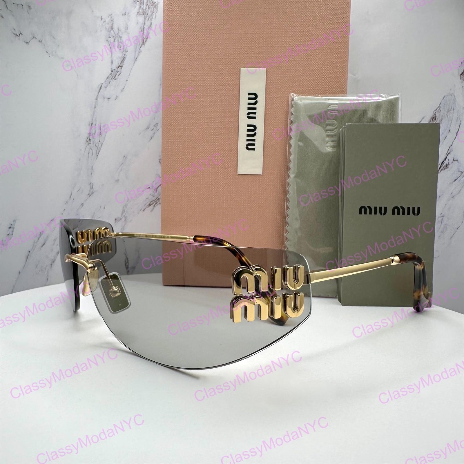 New MIU MIU Sunglasses Gold Slim Runway Wrap Rimless MU A51S 5AK50K Authentic