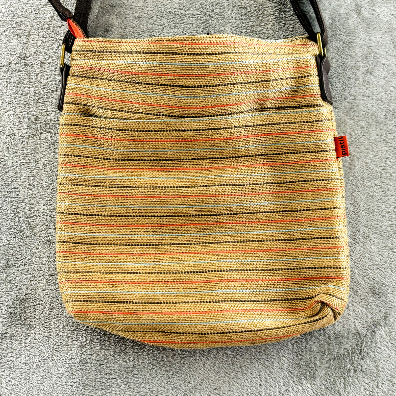 Pistil Gotta Run Bag Brown Burlap Stripe Crossbody Purse Adjustable Strap Zipper