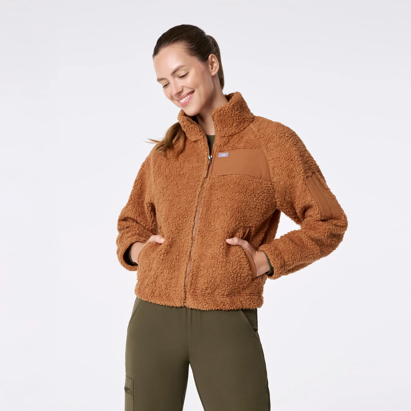 Figs On-Shift High Pile Fleece Bomber Jacket in Mocha, Size XXS