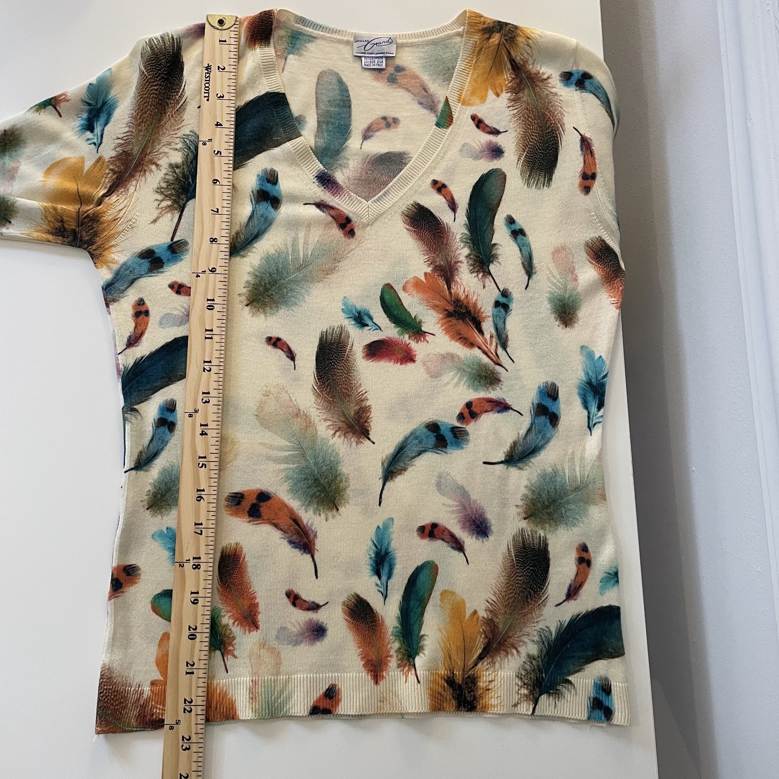 Richard Grand Cashmere Silk Feather Printed Knit Sweater Size S Novelty Luxury