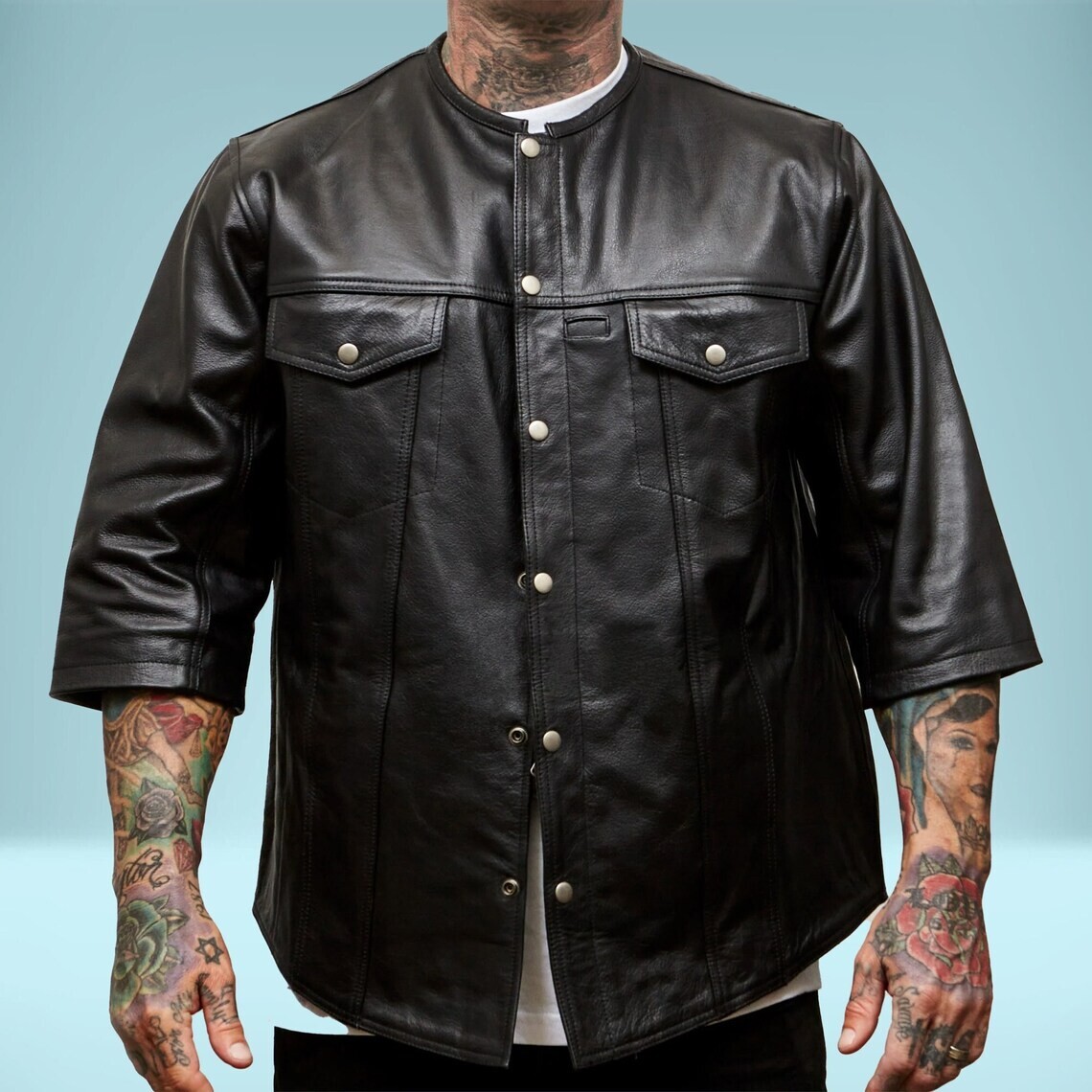 Men’s Real Cow Leather 3/4 Short Sleeves Shirt Round Neck Leather Shirt