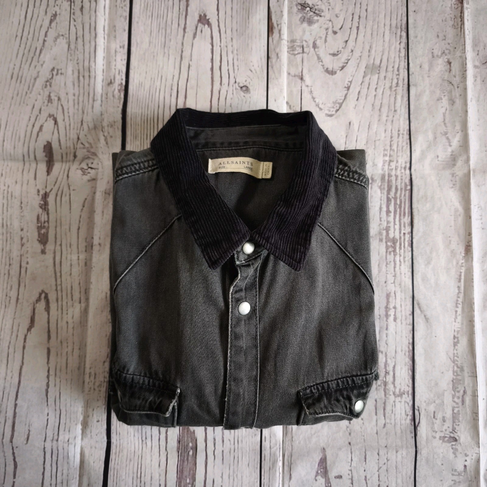 AllSaints Denim Shirt Mens Large Genki Black Grey Pearl Snap Distressed Western