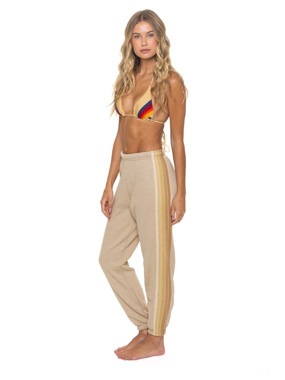 Aviator Nation 5 Stripe Sweatpants in a Sand Tan color