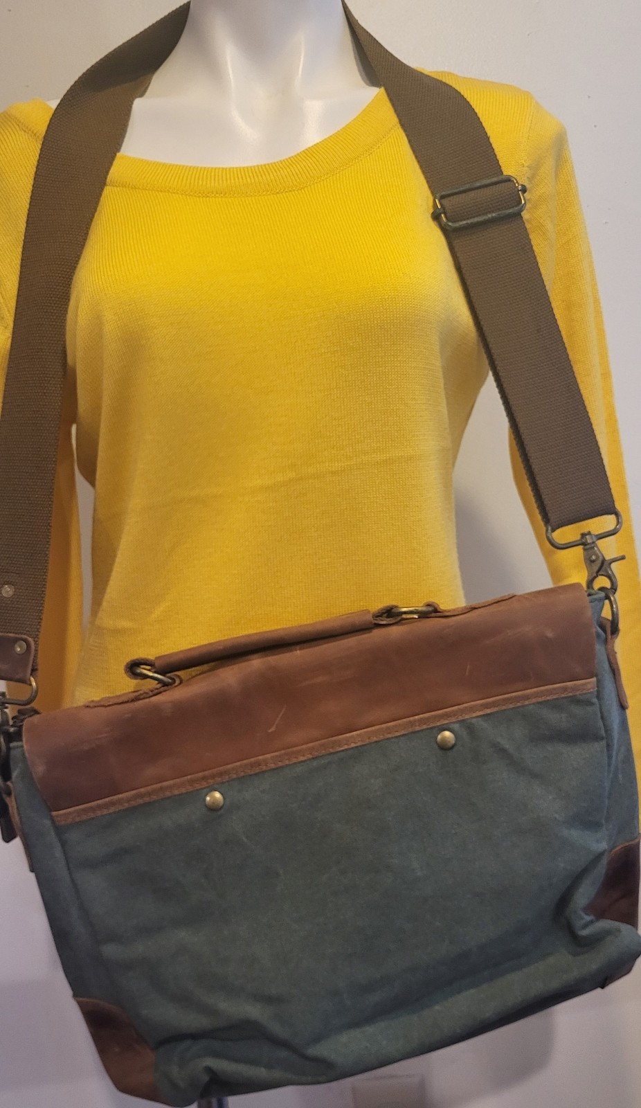 Ecosusi Green Canvas Brown Leather Messenger Bag Laptop