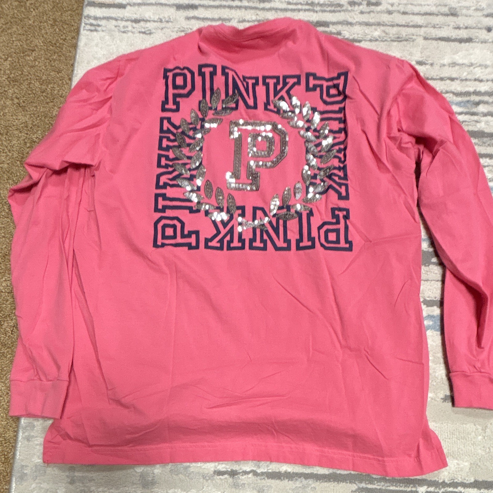 PINK Women’s Pink Logo Graphic Crew Neck Sequin/Glitter Pocket Tee L