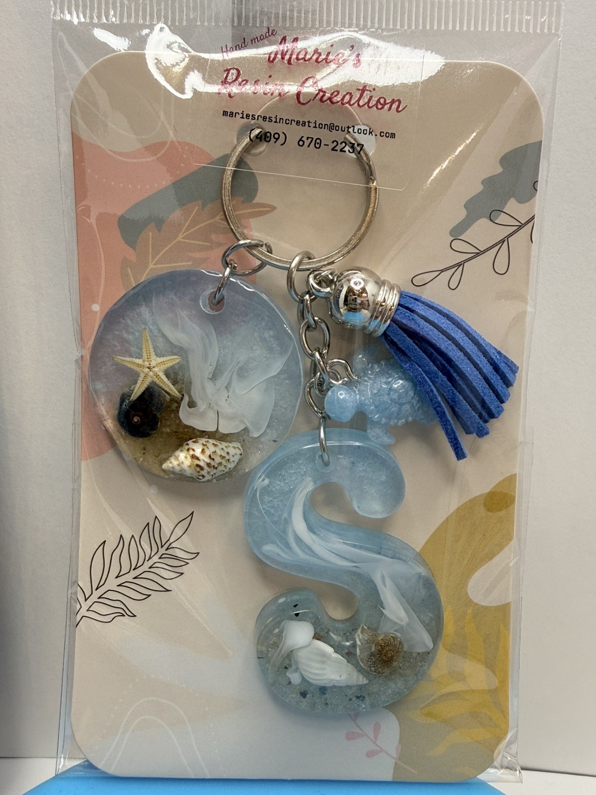 Custom made keychain Beach Theme Baby Blue Resin Keychain.