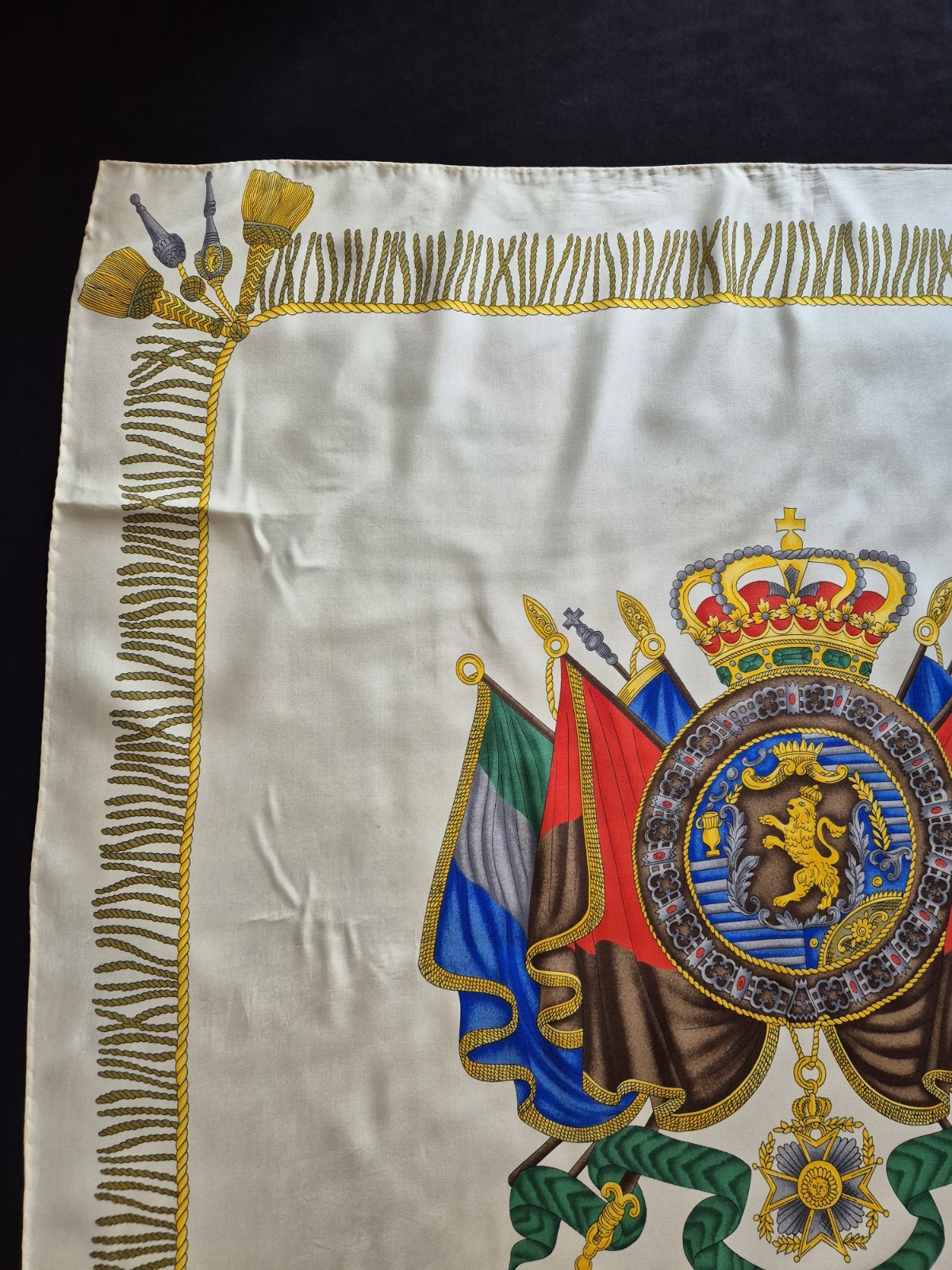 ESCADA 82cm Vintage Silk Square Scarf Family Crest Shield Cream Yellow Tassel
