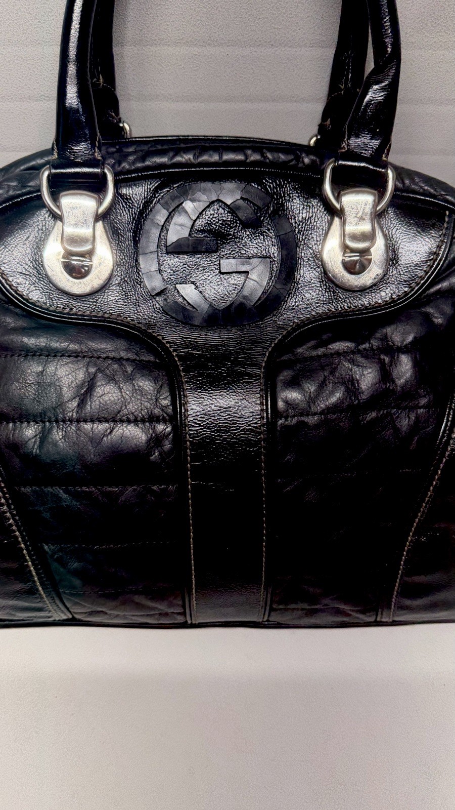 Auth. GUCCI SOFT PATENT LEATHER Bowler’ Snow Glam Handbag-SEE PICS/READ DESCRPTN