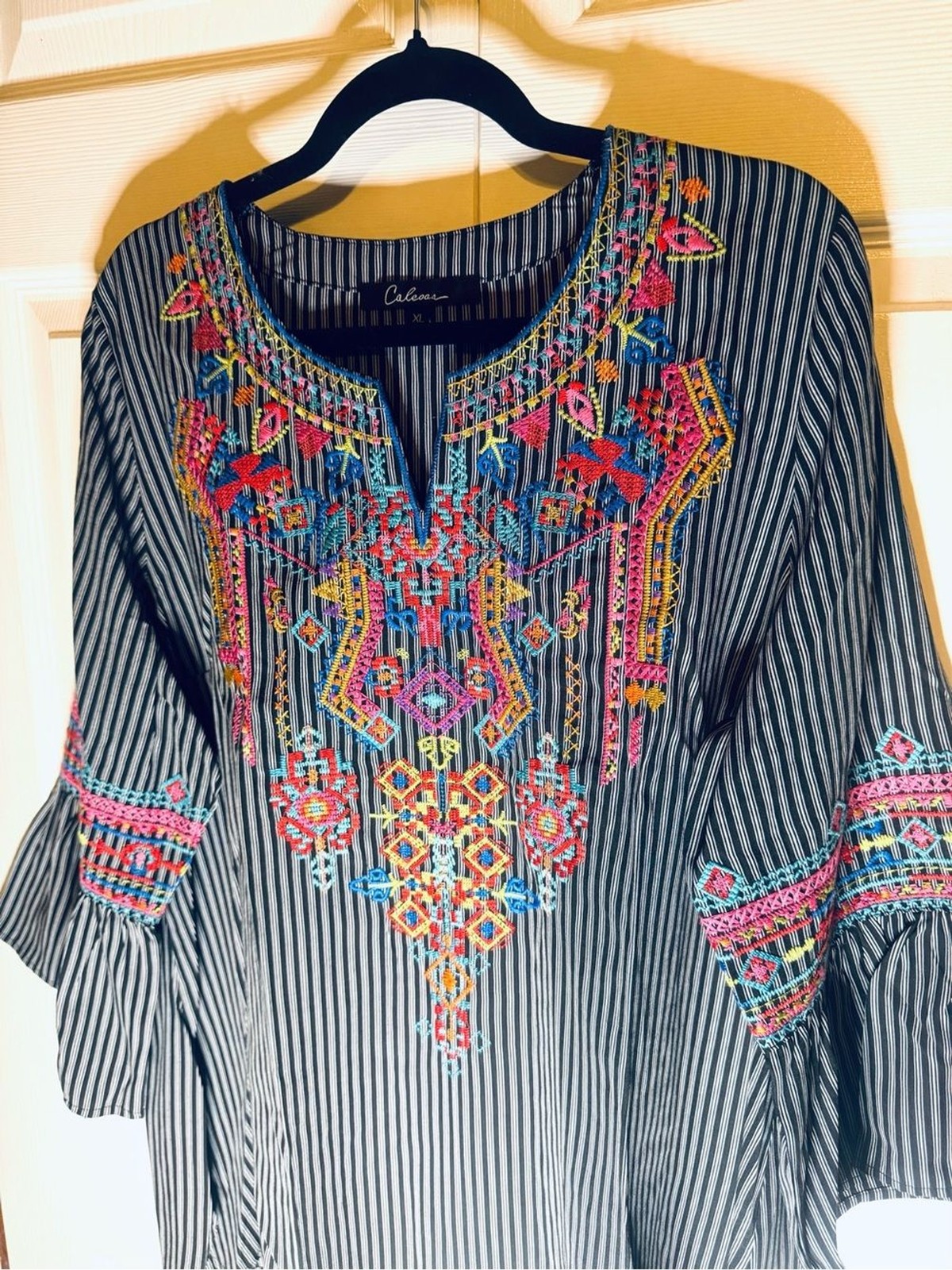 CALEOOS Navy Striped Embroidered Bell-Sleeve Tunic Top Retro Hippie Vibe XL