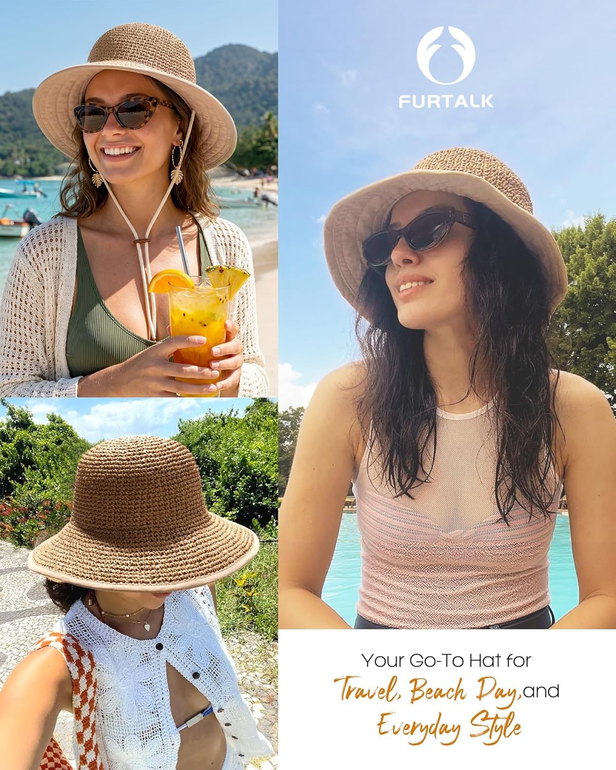 FURTALK Summer Straw Beach Sun Hats for Women UPF 50 Floppy Wide Brim Travel Buc