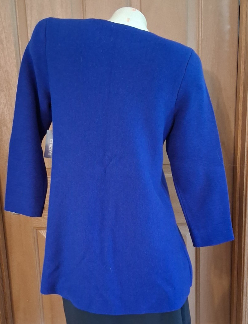 Chico’s Blue Tunic Sweater Scoop Neck Bracelet Sleeves Size 1 (Reg M) NWT