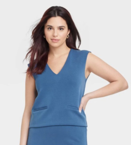 Women’s Sandwash Vest Blue XXL V Neck Lined Business Casual Preppy Academia