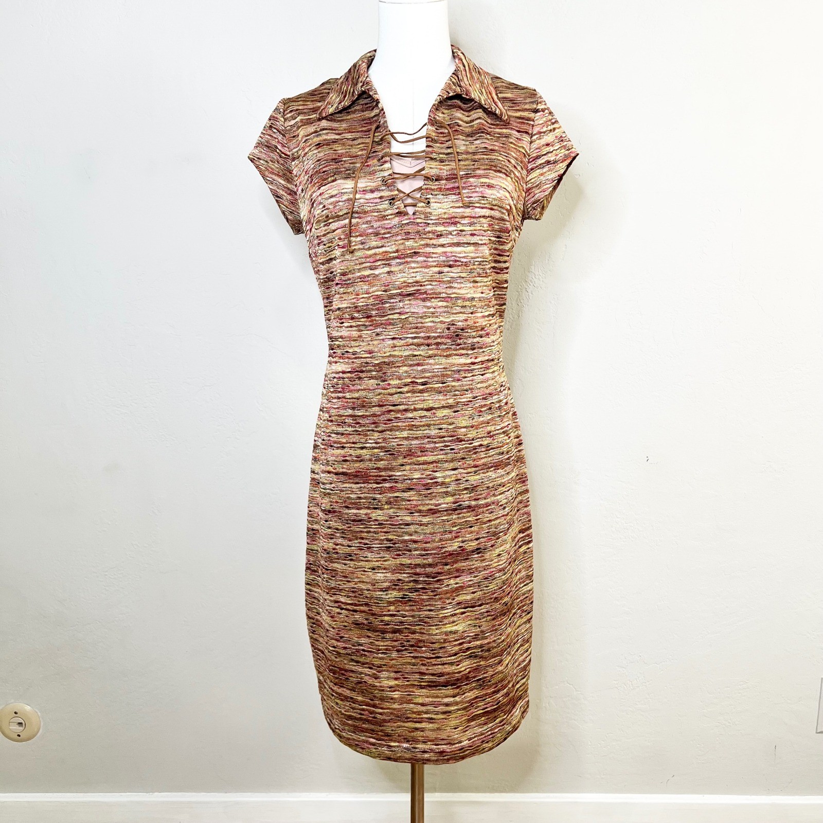 Vintage Rampage Space Dye Lace Up Knit Collared Dress Earth Tones Large USA Made