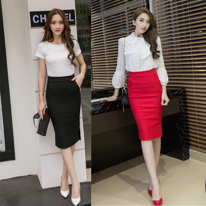 Plus Size High Elastic Autumn New Female Slim High Waist Split OL Hip Package Sk