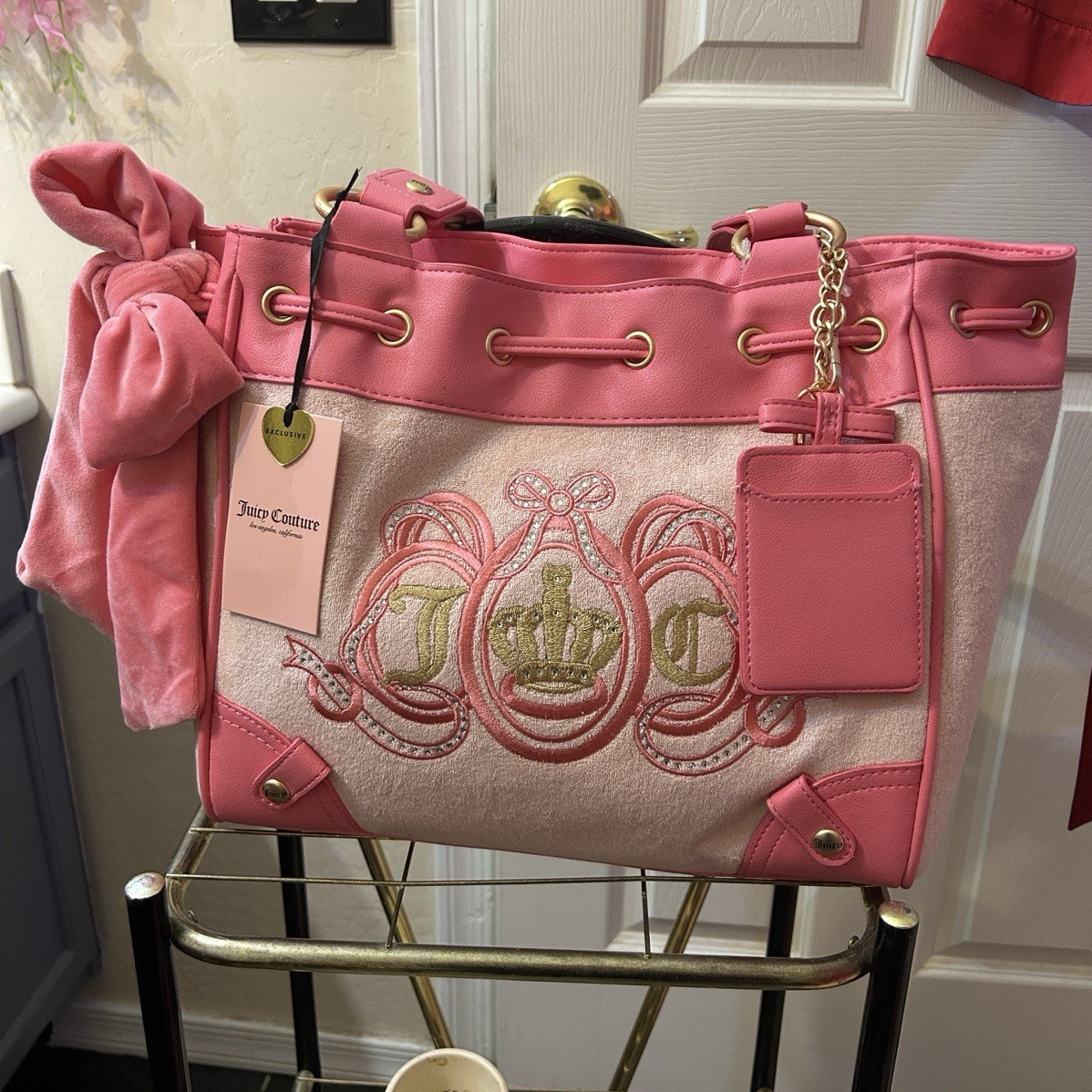 Juicy Couture Pink Logo Tote Shoulder Bag Bow Heart Charm Drawstring Gold
