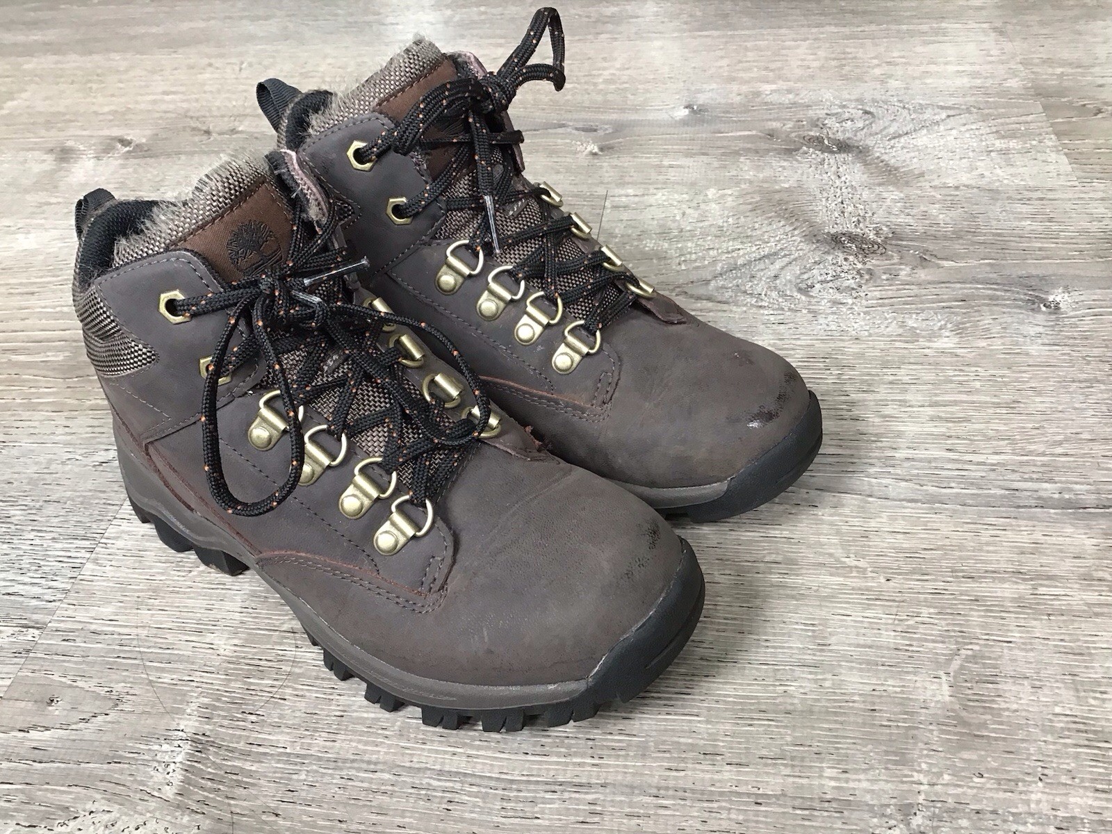 Timberland Hiking Boots Boys Size 3 Brown Leather Lace Up Rugged A1UUD