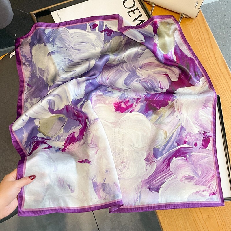 100% Mulberry Silk 27″ Square Scarf Women Vintage Neckerchief Wrap Purple Flower