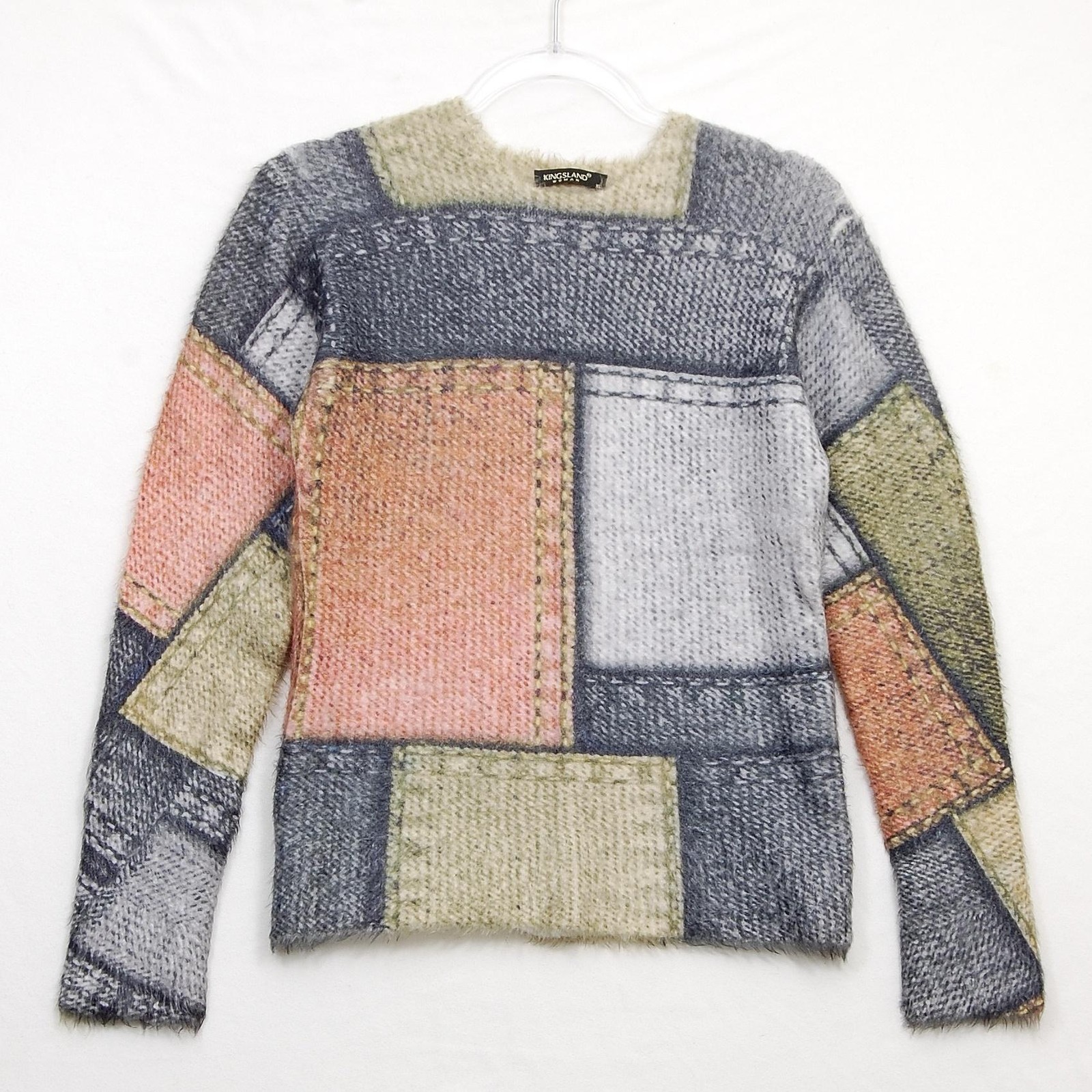 Kingsland Sweater Womens XL Multicolor Angora Blend Fuzzy Patchwork Pullover
