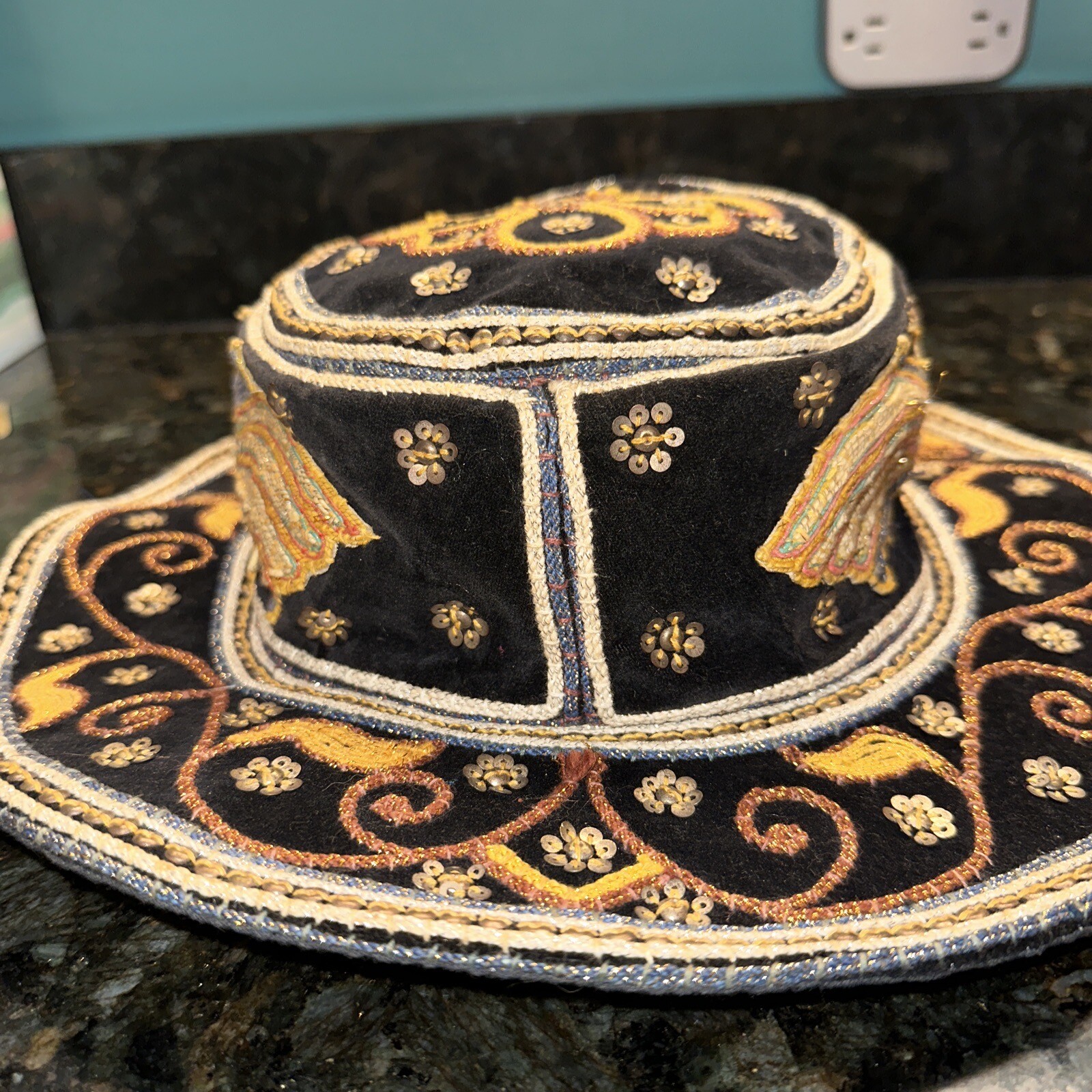 Vintage Myanmar Burmese Burma Kalaga Floppy Boho Hat Phoenix Sequins Embroidery
