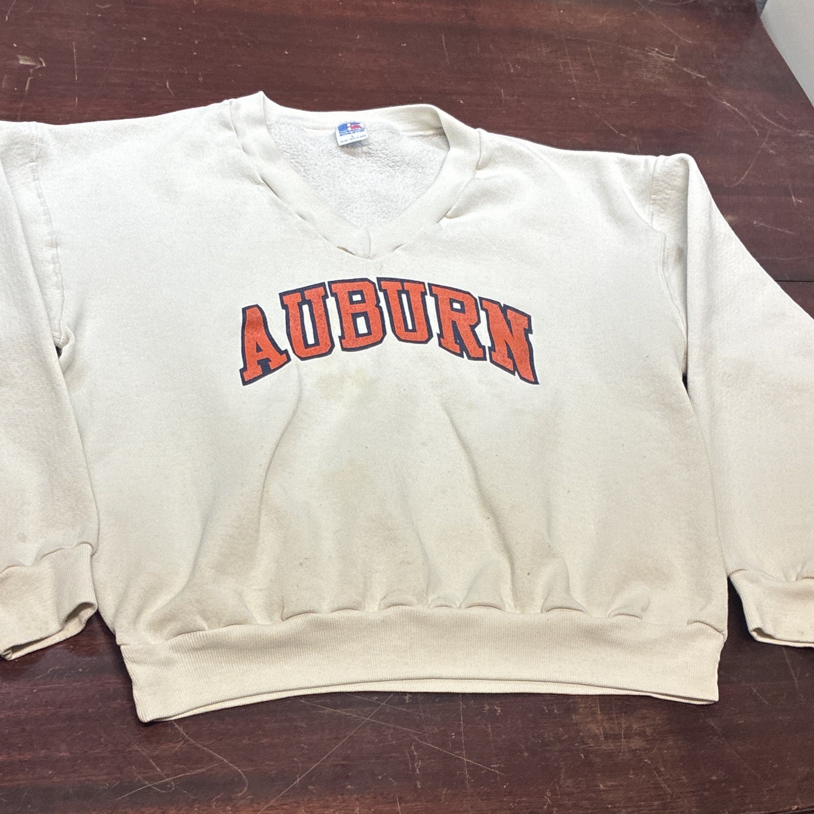 Vintage 80s Russell Athletic Auburn University Graphic White V-Neck Pullover L