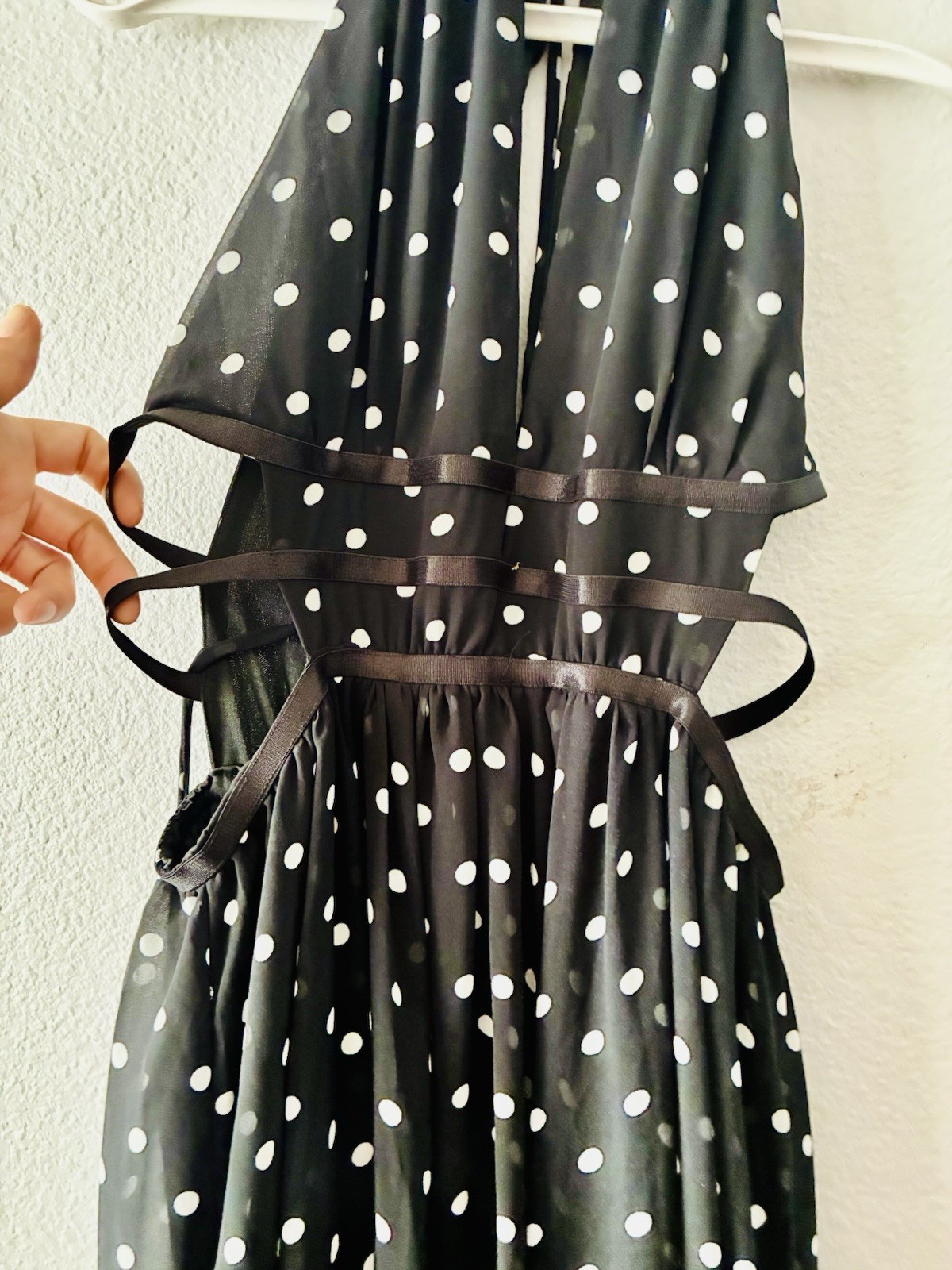 ASH NOVA Womens M Black/White Polka Dot Halter Maxi Chiffon Lined 3015D