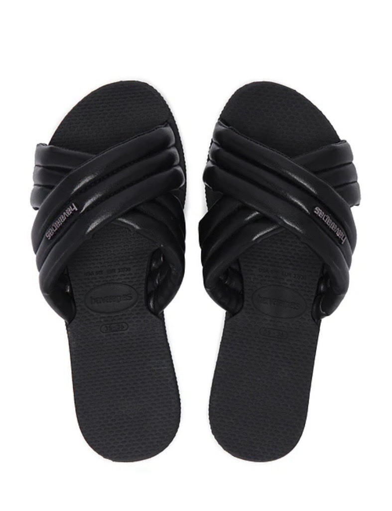 New HAVAIANAS You NYC Sz 7/8 W 37/38 EU Sandals Black Puffy Cross Slides NWT
