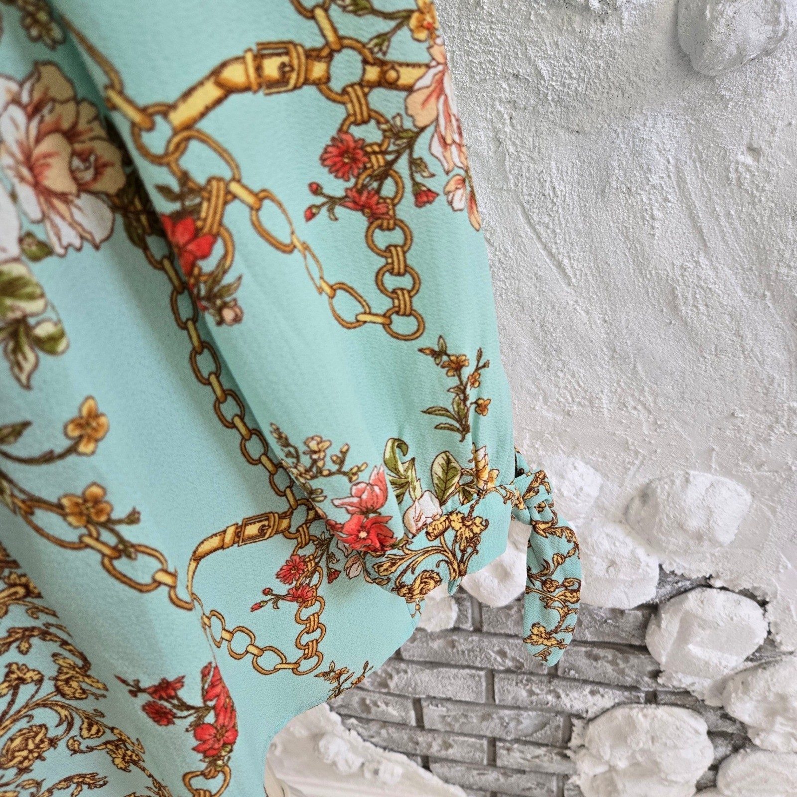 Fig and Flower Peasant Romantic Boho Floral Chain Baroque Tie Cuff Blouse Size M