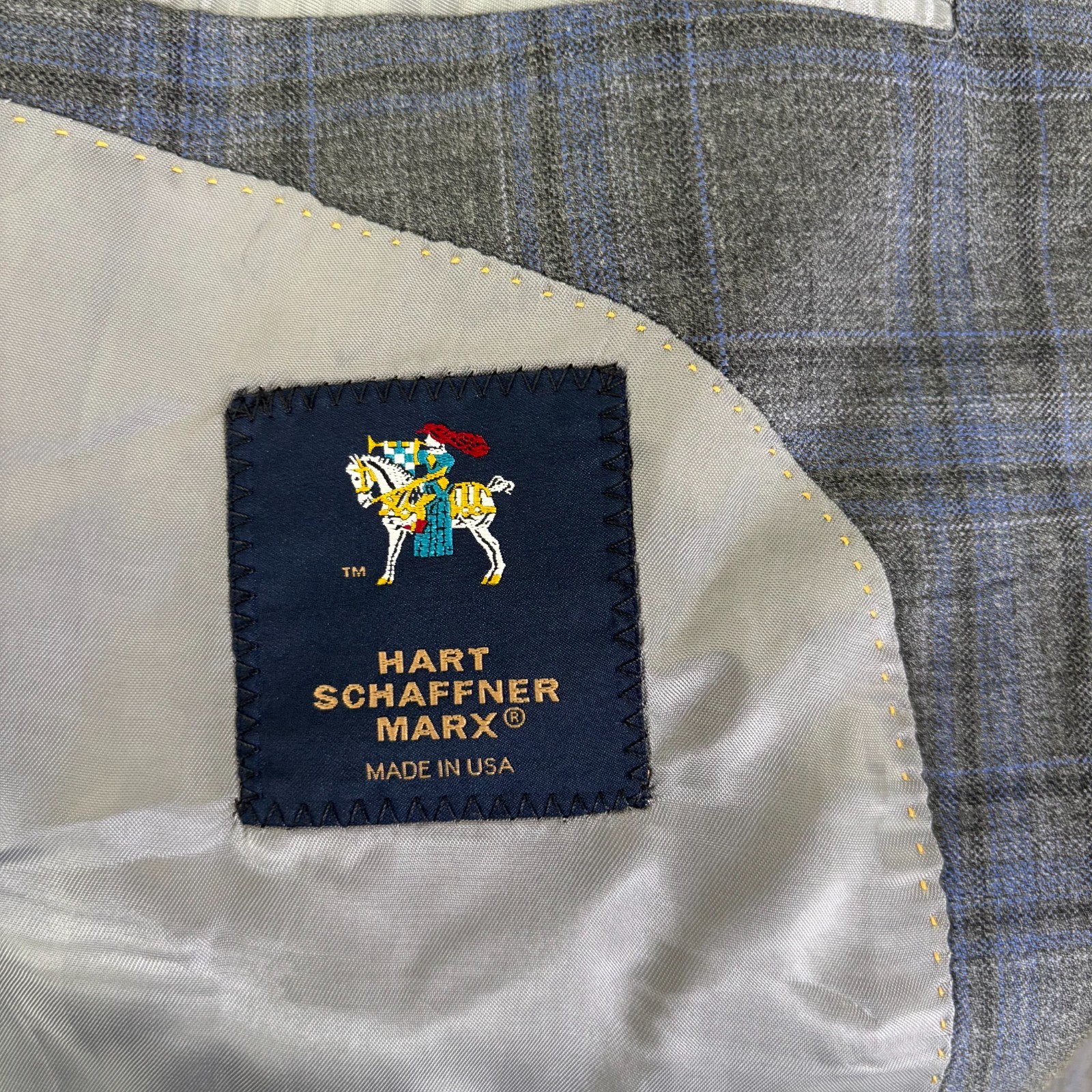 Hart Schaffner Marx Blazer Men’s 48R Gray Blue Plaid 2-Button Union Made in USA
