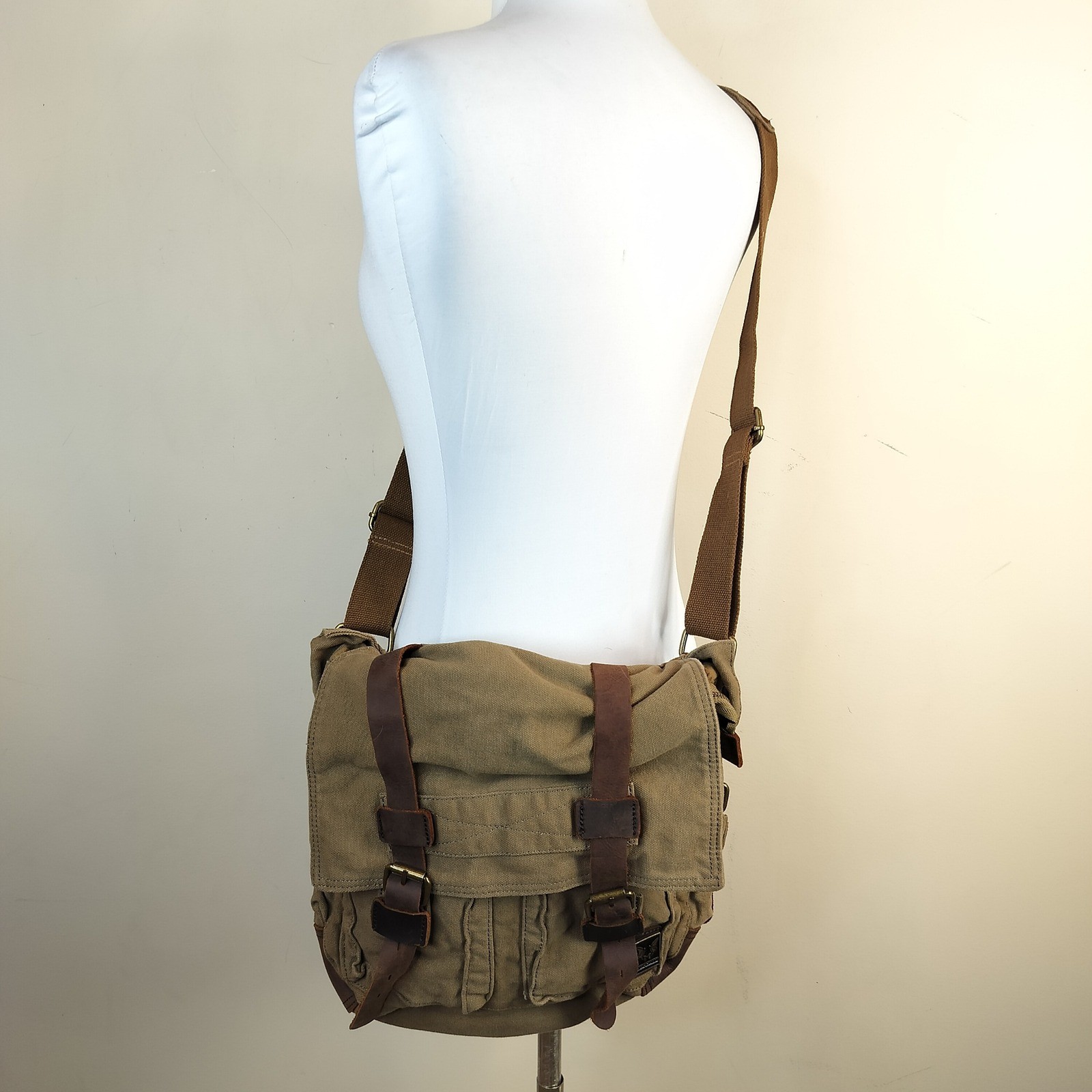 Muchuan Canvas & Leather Messenger Crossbody Bag Unisex Utility Gorpcore Rugged