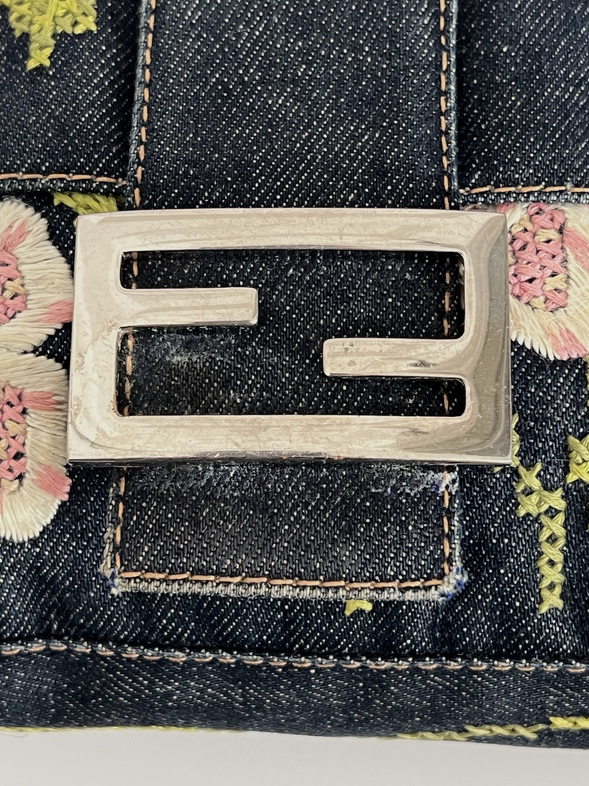 Authentic Vintage Fendi Y2K Indigo Denim Floral Embroidered Baguette Handbag