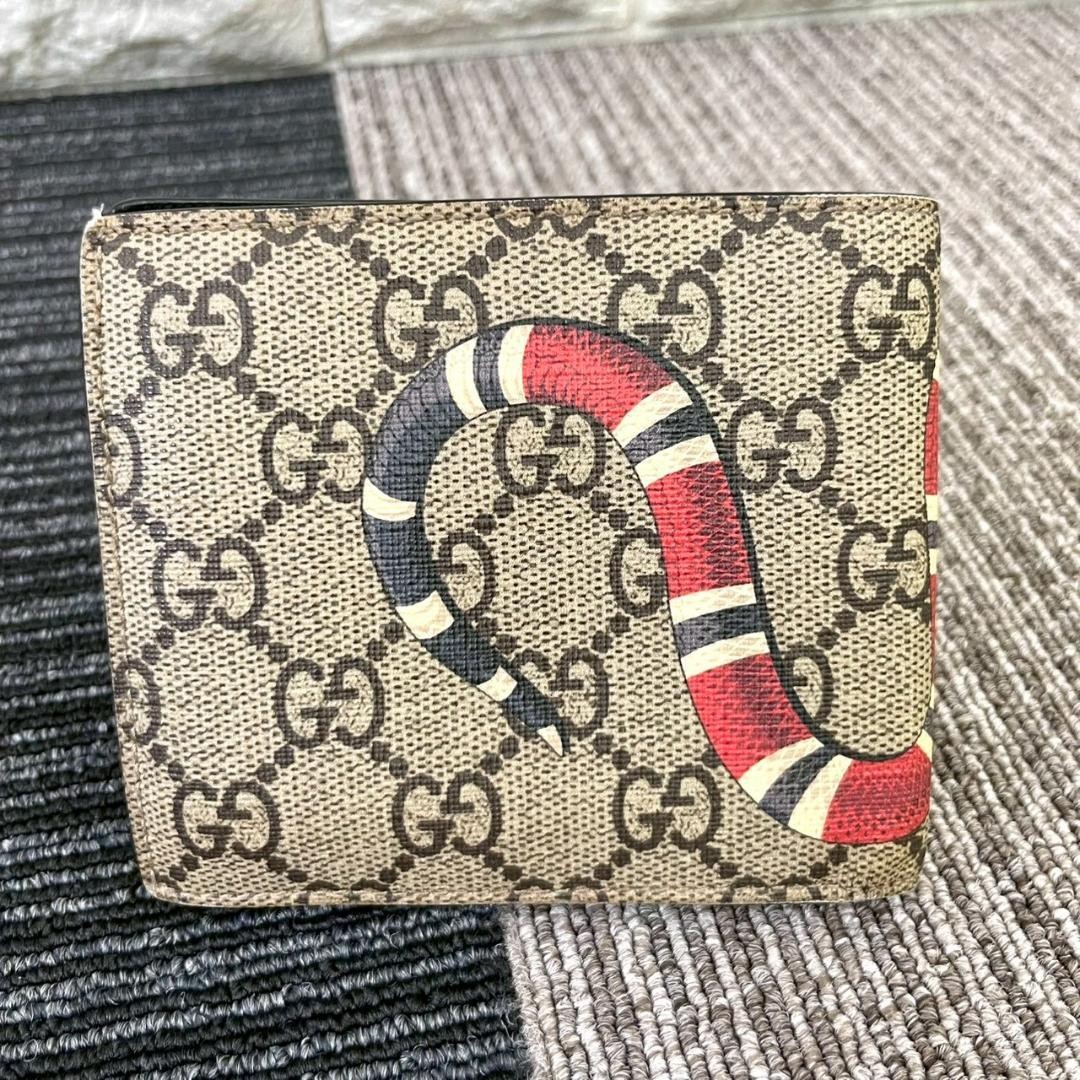 GUCCI Bi-fold Wallet Beige GG Supreme King Snake PVC 4.3 x 3.9 inches iconic