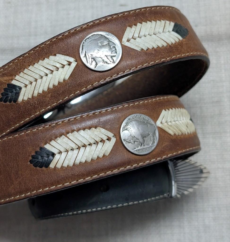 vintage NATIVE AMERICAN buckle belt 38 leather INDIAN HEAD buffalo nickel CONCHO