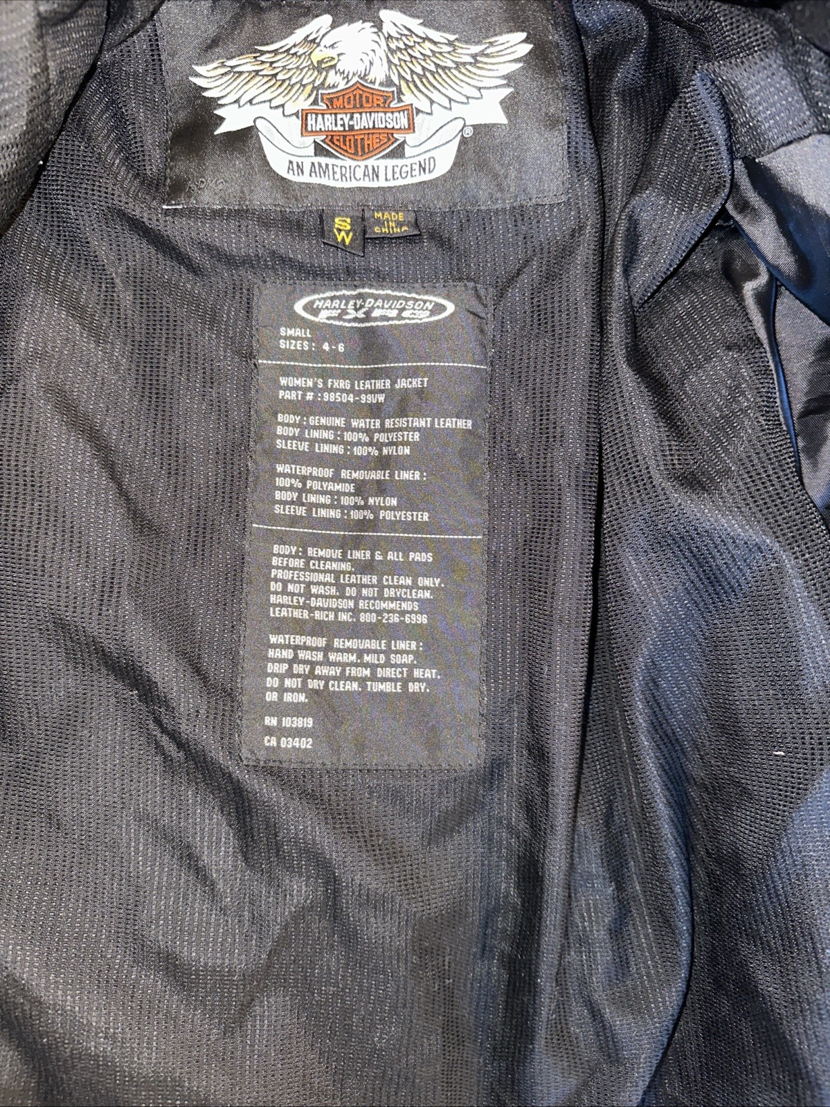 Harley Davidson FXRG Series 1 Black Leather Motorcycle Riding Jacket Size S