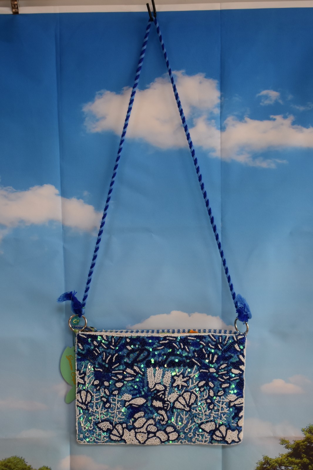ANTICA SARTORIA 2026 BEADED PURSE AQUA & WHITE SHELLS & EVEN A SEAHORSE NWT