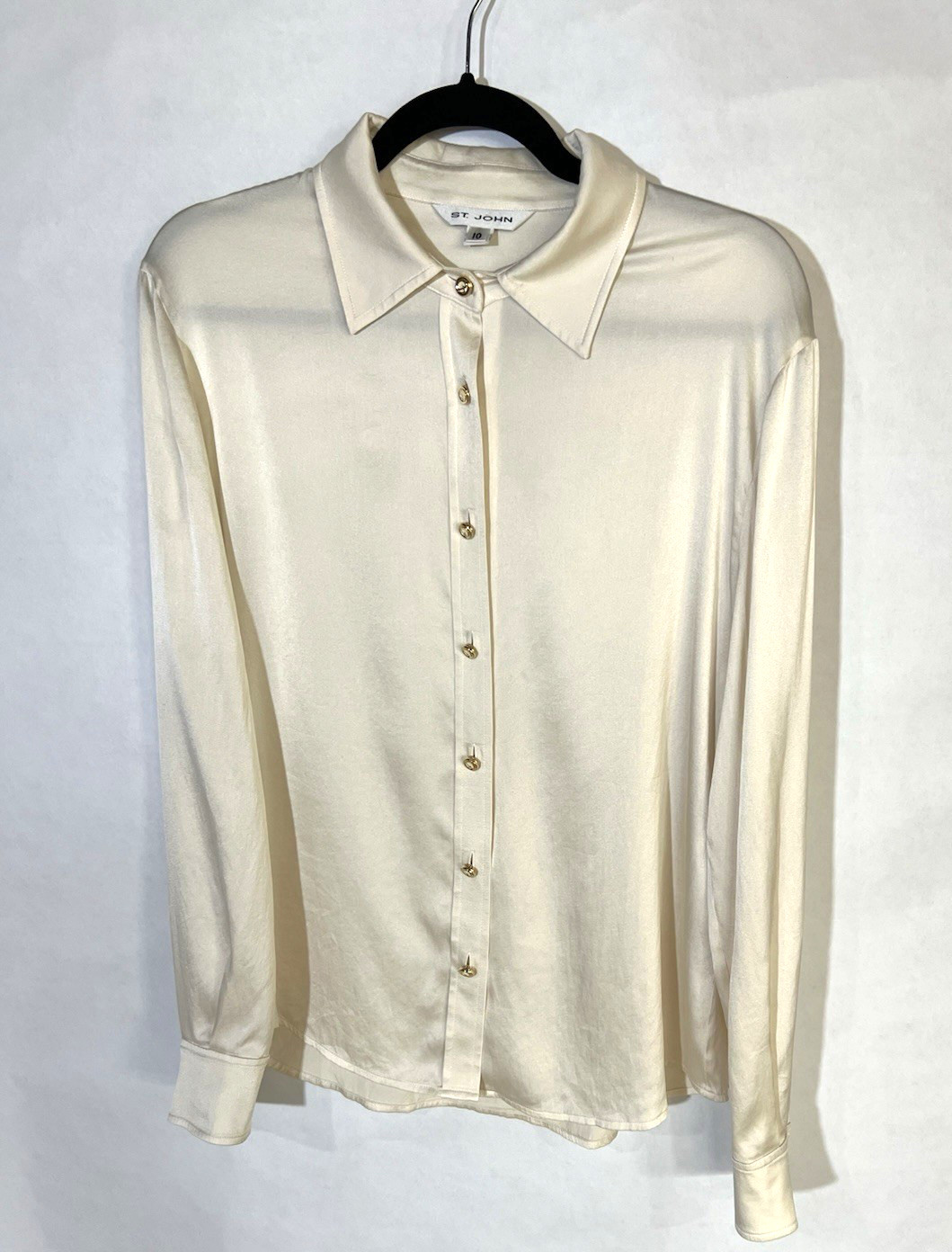 ST. JOHN Ecru Vanilla Logo Button Front Blouse Shirt Silk / Spandex Sz 10