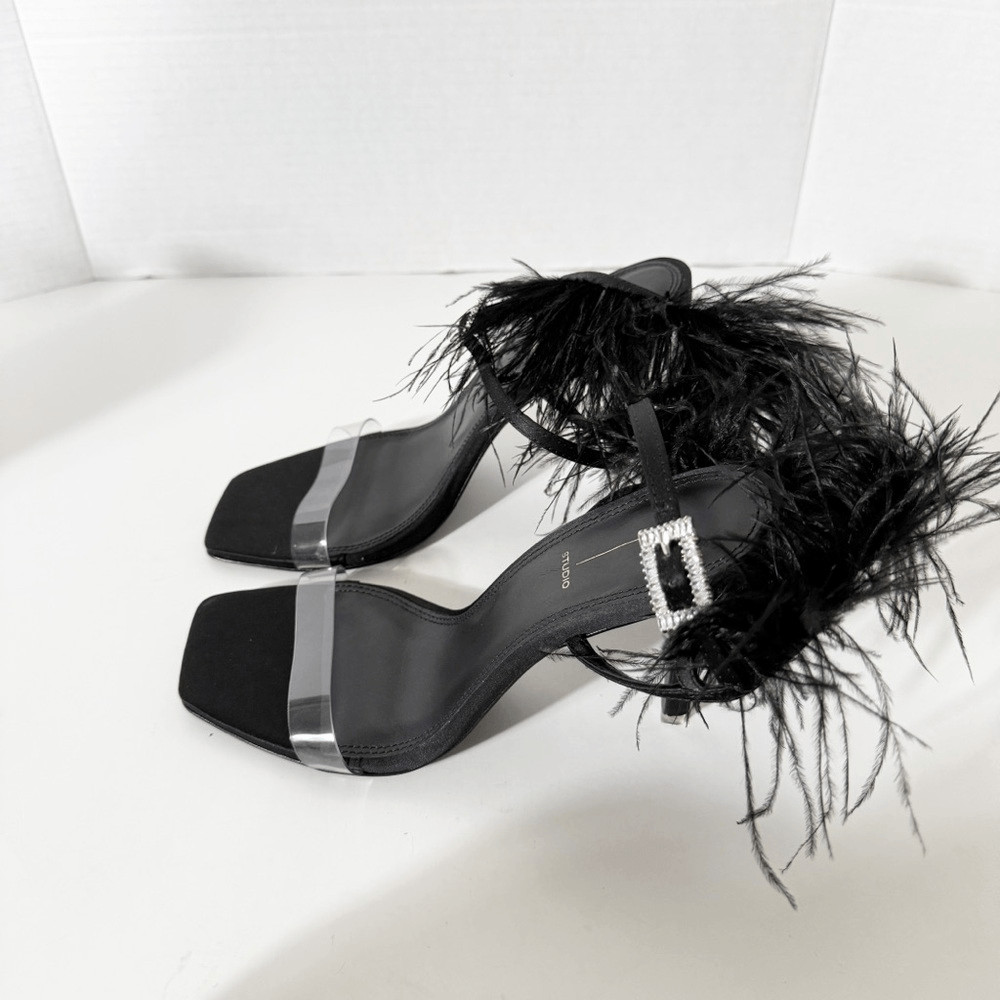 BLACK SUEDE STUDIO Trinity Satin Leather Ostrich Feather Black Sandals Size 10